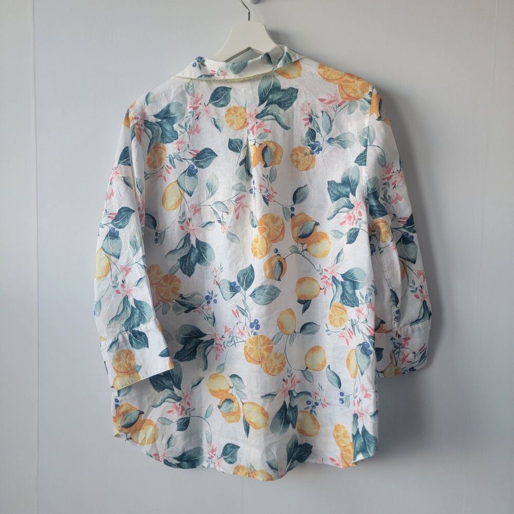 Chicos womens 100% linen shirt size 12 no Iron  lemon flower 3/4 sleeve - Picture 2 of 8